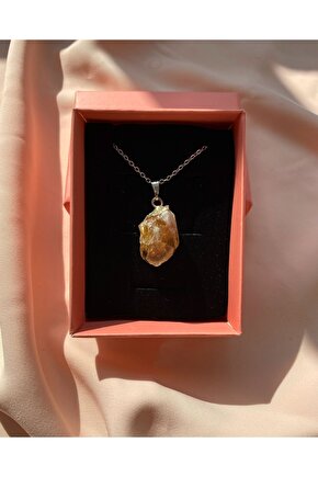 Doğal Işlenmemiş Ham Sitrin Taşı Doğal Taş Kolye Pozitif Taş Kolye Şifalı Taş Kolye