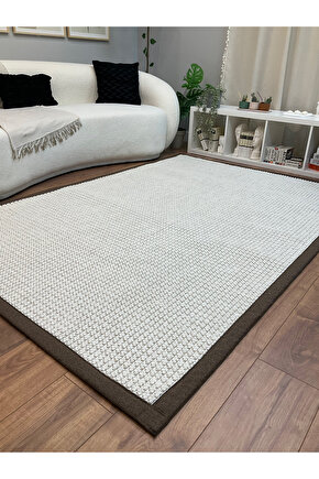Kumaş Bordür Beyaz Bukle Kahve Bordür  Halı Salon Koridor Mutfak Çocuk Odası Halısı  Kilim S257