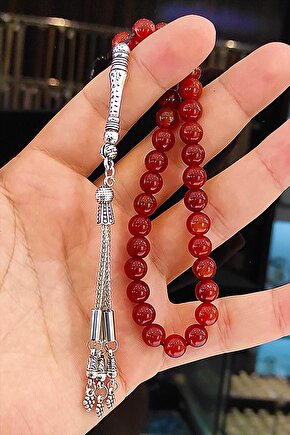 Sertifikalı Koyu Kırmızı Doğal Taş Tesbih 8mm Püsküllü