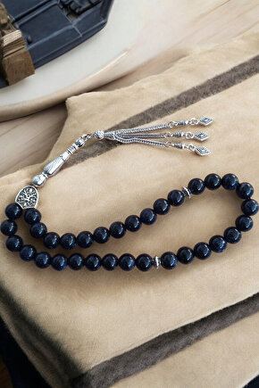 Lacivert Yıldız Taşı Tesbih 33 Lük Tesbih Orijinal Doğal Taş Büyük Boy 10 mm Gerçek Taş