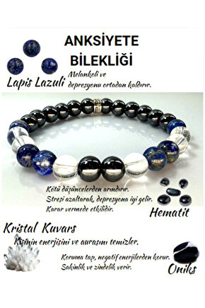 Anksiyete Bilekliği -%100 Doğaltaş- Lapis Lazuli, Kristal Kuvars, Hematit Ve Oniks Taşlı Bileklik