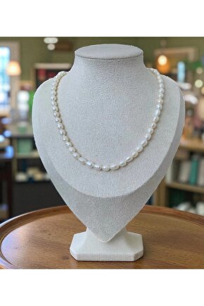 40cm Doğal Orta Boy Arpa Inci Kolye - Çelik Aparat - 40cm 7cm Uzatma Zinciri