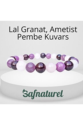 Uykusuzluk Bilekliği Lal Granat, Ametist Pembe Kuvars Doğal Taş Bileklik