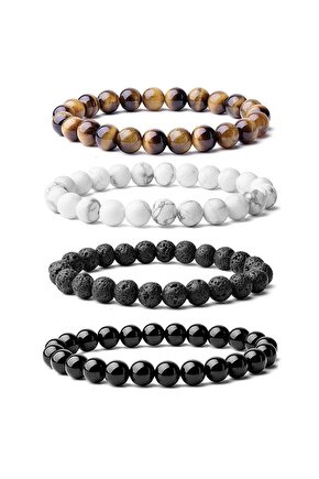 Doğal Taş 8mm 4lü Set Muhteşem Yarı Değerli Siyah Oniks Lav Kaplan Göz Şifa Kadınlar Ve Erkek Için