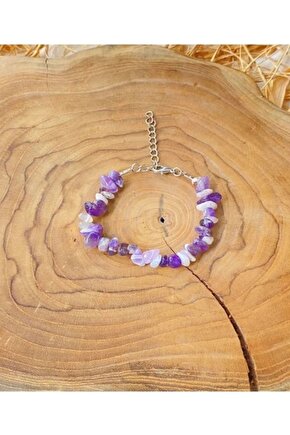 Gerçek Doğaltaş El Yapımı Ametist Taşı Kırıktaş Ayarlanabilir Bileklik