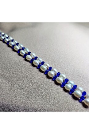 İnci Doğal Taş Halhal - Saks Mavisi - 1 Adet ( El Yapımı Tasarım Ürünler )