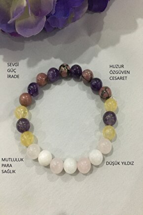 Sertifikalı Sitrin,rodonit,ametist,pembe Kuvars,ay Taşı Doğaltaş Bileklik
