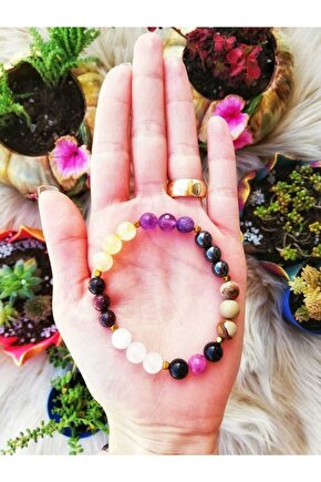 Koç Burcu Doğaltaş Bileklik Ametist, Sitrin, Hematit, Jasper, Pembe Kuvars, Turmalin, Granat Lal