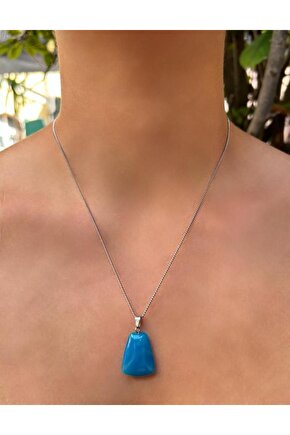 Dörtgen Model Mavi Akik Doğal Taş Kolye