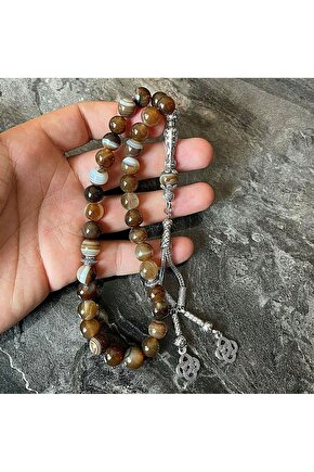 Sertifikalı Kahverengi Akik Doğal Taş Tesbih 8mm Püsküllü