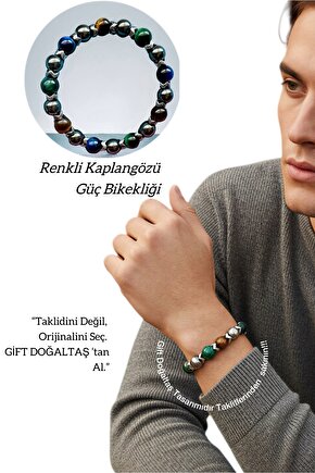 Renkli Kaplangözü Erkek Doğaltaş Bileklik , Enerji , Güç , Başarı , Mavi - Yeşil Kaplangözü