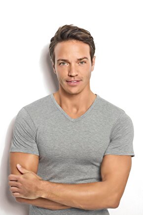 Erkek Gri Melanj Pamuklu V Yaka Atlet 112