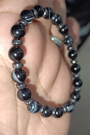 Siyah Akik 8 mm Hematit Ara Taşlı Natural Doğaltaş Bileklik