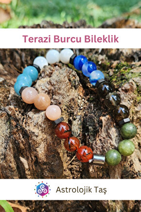 Terazi Burcu Doğal Taş Bileklik - Yeşim Taşı, Kırmızı Akik, Ay Taşı , Akuamarin & Güneş Taşı
