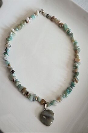 Amazonit Kalp Kırıktaş Doğaltaş Kolye