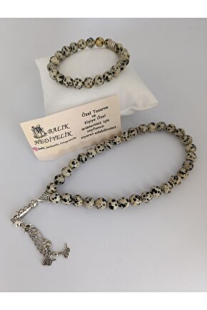 DOĞALTAŞ TESPİH-BİLEKLİK TAKIM AHŞAP KUTULU JASPER TAŞI (Dalmaçyalı)  D.JSPR-1001