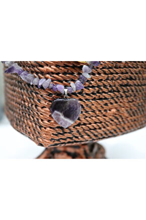 Ametist Kırıktaş Şekilli Kalpli Doğaltaş Kolye