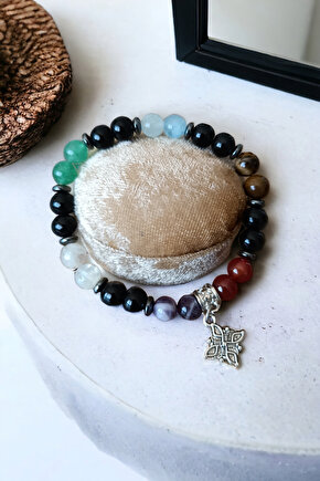 7 Çakra Bileklik Akik, Kaplan Gözü, Oniks, Akuamarina, Aventurin, Sitrin, Ametist Doğal Taş Bileklik