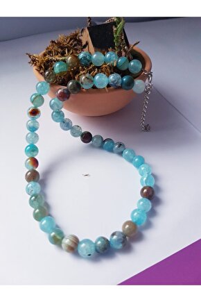 Butik Berçe Mavi Akik Doğal Taş Kolye