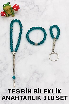 Oniks Taşı Cam Bileklik-33Lü Tesbih-Anahtarlık Seti| 3Lü Set| Hediye Aksesuar Kombin|Petrol Yeşili