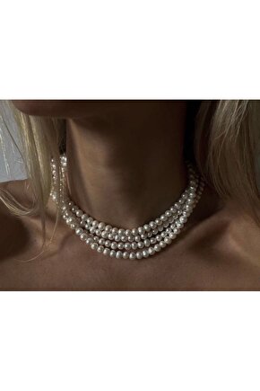 Gerçek İnci 4 Sıra Choker Kadın Tarz Kolye