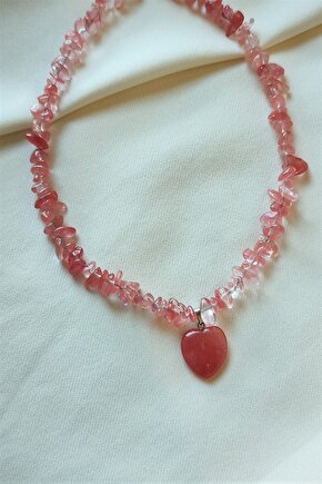 Sertifikalı Gül Kuvars Kalp Kırıktaş Doğaltaş Kolye