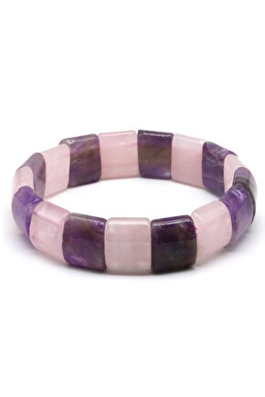 Orijinal Gerçek Ametist - Pembe Kuvars Doğal Taş Roleks Bileklik 12 x 15 mm 20 CM