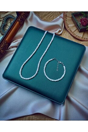 925 Ayar Gümüş Sertifikalı Doğal 4mm İnci Kolye ve Bileklik Set