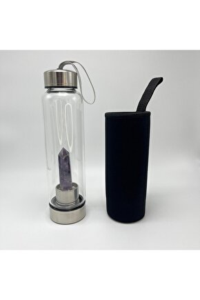 SERTİFİKALI Ametist Doğal Taş Cam Su Matarası 550 ml  Özel Kılıflı Contalı Kapak Paslanmaz Çelik