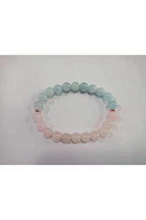 Pembe Kuvars & Akuamarin Doğal Taş Bileklik 8mm