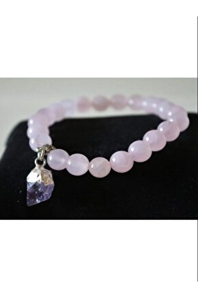 Gerçek Pembe Kuvars Taşı Bileklik - Ametist Taşı Sallantılı