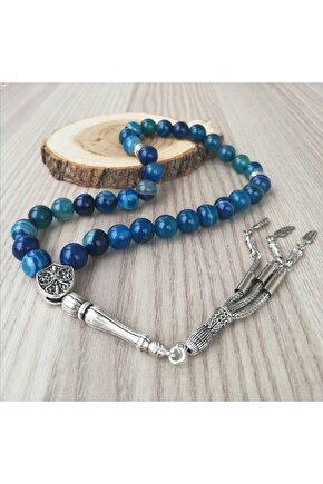 KOPYA - Mavi Beyaz Çizgili Akik Doğal Taş Tesbih 10mm