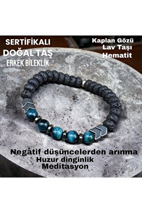 Doğal Taş Erkek Bileklik Mavi Kaplan Gözü& Lav &hematit Taşı