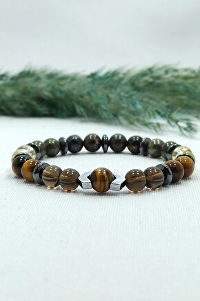 Dumanlı Kuvars Pirit Karma Doğal Taş Erkek Bileklik Prof