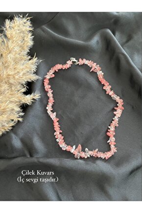 Çilek Kuvars Kırık Doğal Taş Kolye