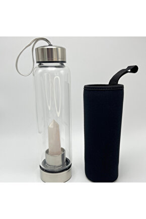 SERTİFİKALI Pembe Kuvars Doğal Taş Cam Su Matarası 550 ml  Özel Kılıflı Contalı Kapak Paslanmaz