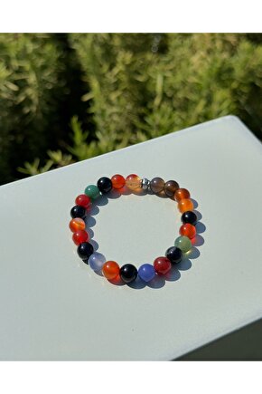 Renkli Doğal Akik Taşlı Ayarlanabilir Bileklik - Lastikli Bileklik
