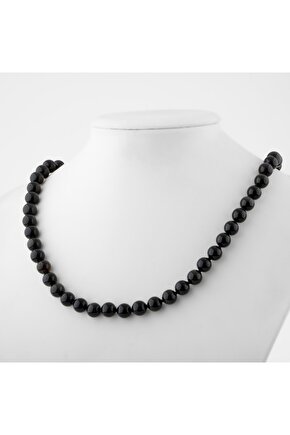 Siyah Turmalin 8 mm Düğümlü Doğal Taş Kolye