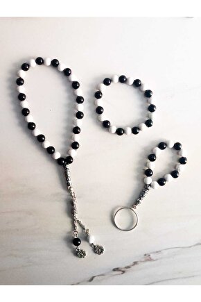 Siyah-Beyaz 3lü Set Tesbih, Bileklik ve Anahtarlık