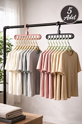 5 Adet Pastik 9 Gözlü Pratik Döner Başlıklı Elbise Tşört Askısı Gardırop Organizer