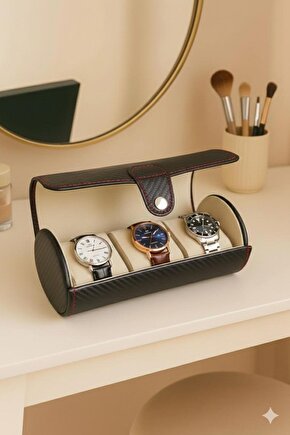 Siyah Deri Kırmızı Dikişli 3’lü Saat Kutusu 19x9 cm