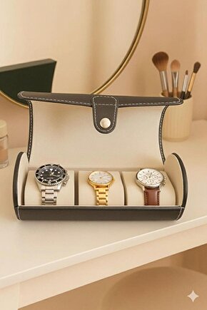 Siyah Deri Beyaz Dikişli 3’lü Saat Kutusu 19x9 cm