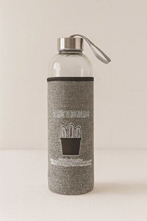 Cam Matara 750 ml Kaktüs Desenli Gri Kumaş Kılıflı Su Şişesi