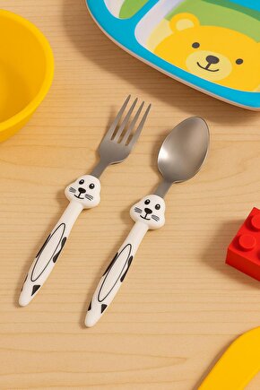 BEYAZ Tavşan Figürlü Çocuk Çatal Kaşık Seti Paslanmaz Çelik Bebek Çattal Kaşık Set