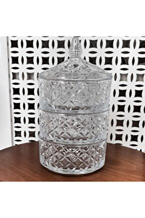Kristal Görünümlü Cam Kurabiyelik 3 Katlı Lüx Baharatlık 12,5 Cm