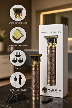 Profesyonel Kablosuz Metal Gövdeli Şarjlı Tıraş Makinesi – Dragon Desenli USB ŞARJLI