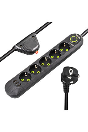 Malezya Üretimi Siyah Renk 1.5 Metre Uzatma Kablolu Akım Korumalı Priz + 3 X USB BSN77-G67T1