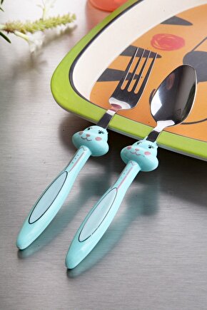 Figürlü Lüks Çelik Mama Çatal Kaşık Seti Yeşil