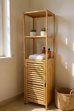 Bambu Banyo ve Çamaşır Dolabı – Çok Raflı, Kapaklı, Doğal Ahşap Düzenleyici