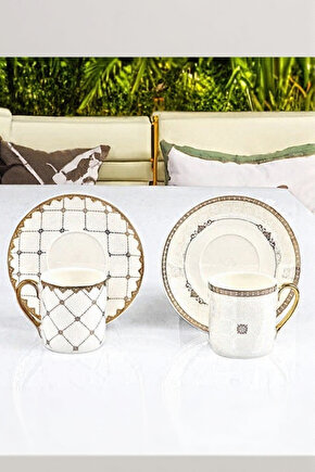 Altın Yaldızlı Madalyon Desenli Porselen Kahve Fincanı 2 Kişilik